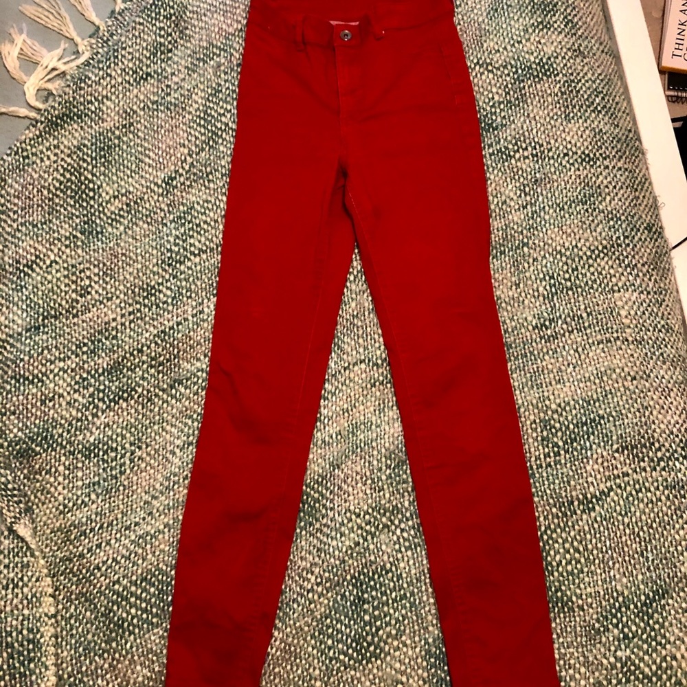 Red skinny long slim fit pants.